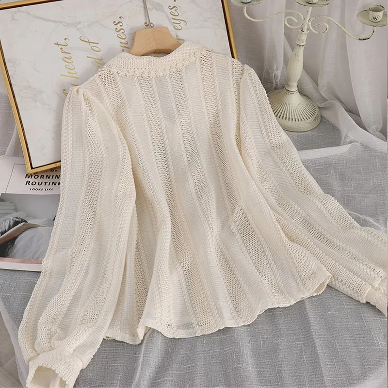 Spring Lace Blouses Fashion Women Out Out Peter Pan Collar Tops Office Panie Long Rleeves Solidne koszula Elegancka 14562 240125