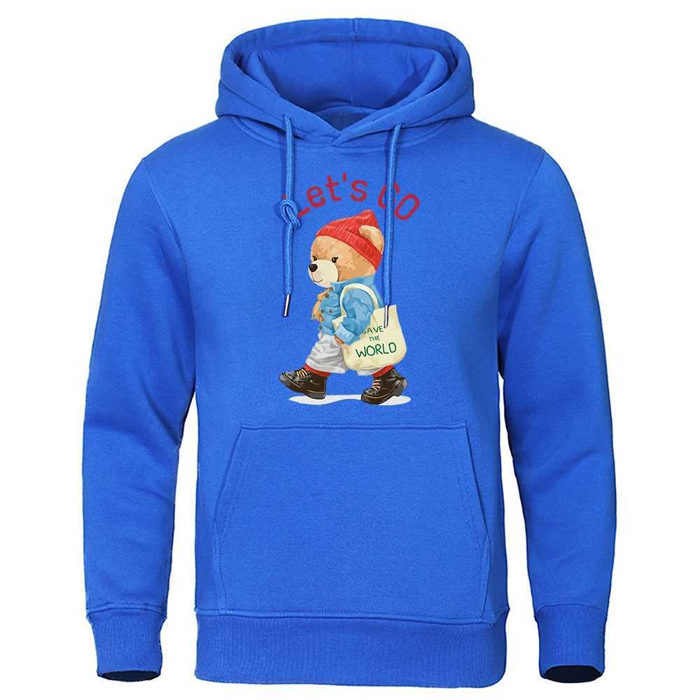 Sweats à capuche pour hommes Sweatshirts Fashion Teddy Bear LetS Go Travel The World Sweat à capuche pour hommes New Street Sweat-shirt décontracté en polaire à capuche ample Pull décontracté à capuche T240217