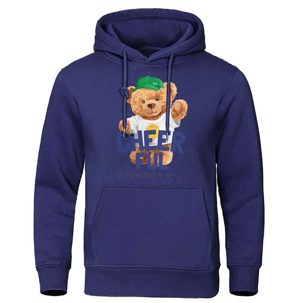 Men's Hoodies Sweatshirts Cheerful Teddy Bear Boy Today Is Your Day Print Mens Hoodie Fleece Warm Sportswear Fashion Street Hoody Loose Pocket Sweatshirt T240217