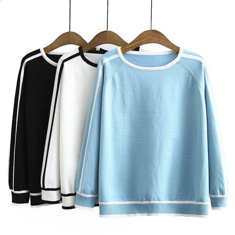 Женские свитера больших размеров, модный осенний джемпер, полосатый джемпер с рукавами реглан, вязаный пуловер из пряжи 3XL 240202