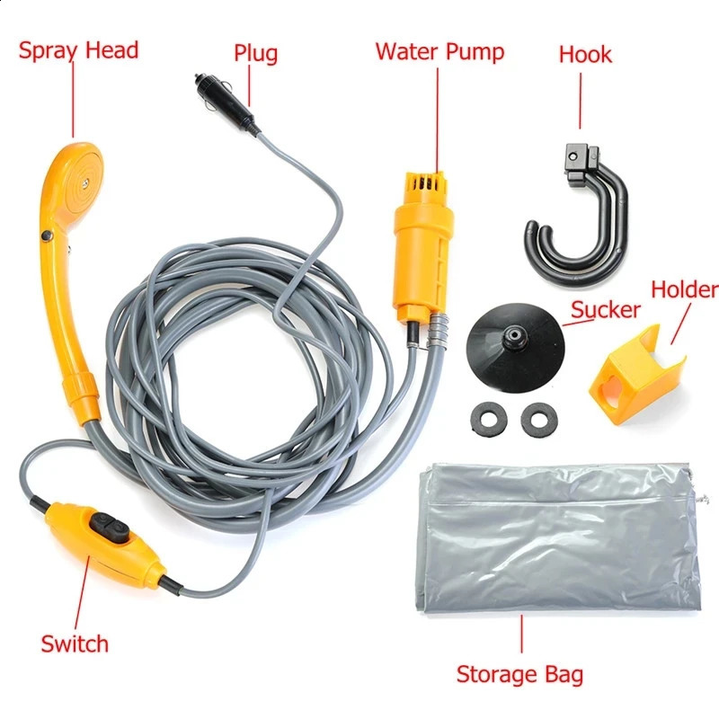 Portable Camping Shower 12V Electric Car Washer Outdoor Shower Hiking Accessories for Travel Hiking Car Washing Pet Washer 240124