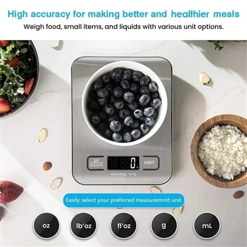 Báscula de cocina de acero inoxidable, pesaje de alimentos, balanza de dieta, medición LCD, básculas electrónicas de precisión, herramientas para hornear 240129