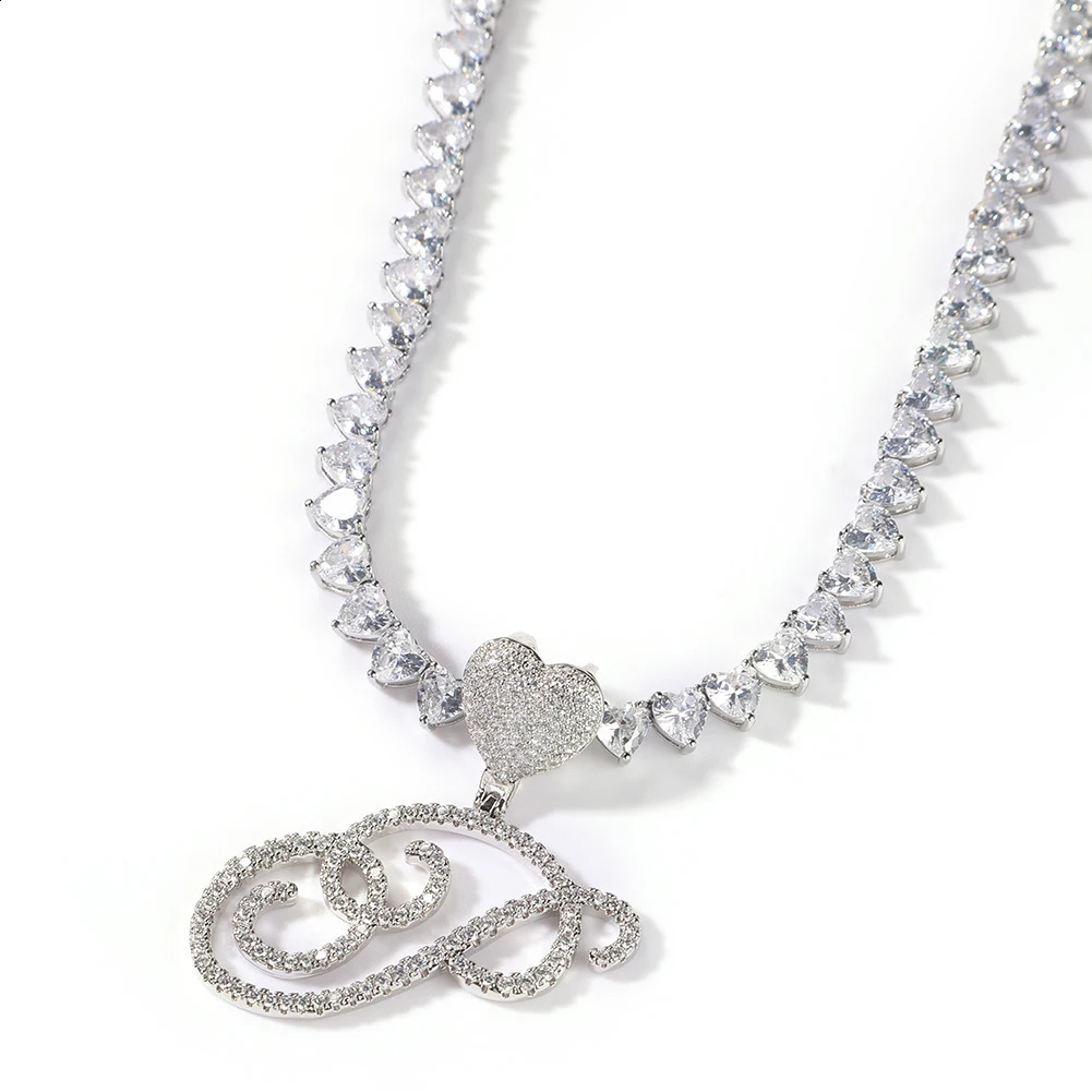 Uwin letras cursivas com 6mm coração tênis corrente inicial gelado nome da escova colar personalizado charme acessórios femininos jóias 240202