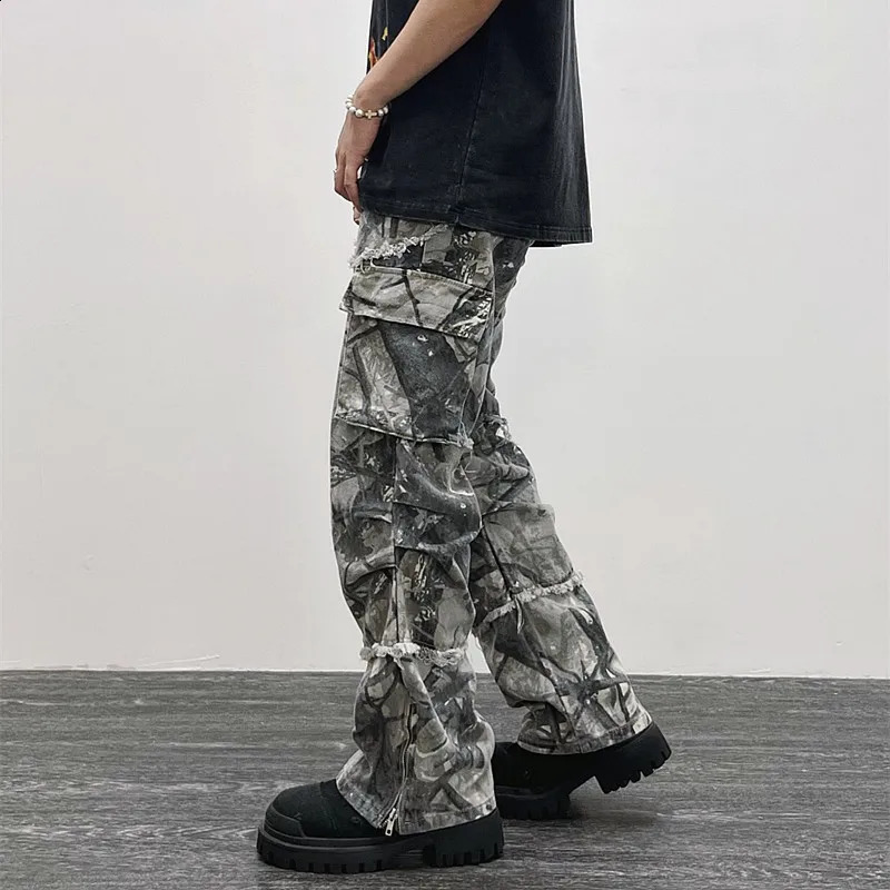 Overalls Camouflage Y2K Fashion Baggy Flare Jeans Cargo Pants Men Clothing Straight Women Wide Leg Long Trousers Pantalones 240202