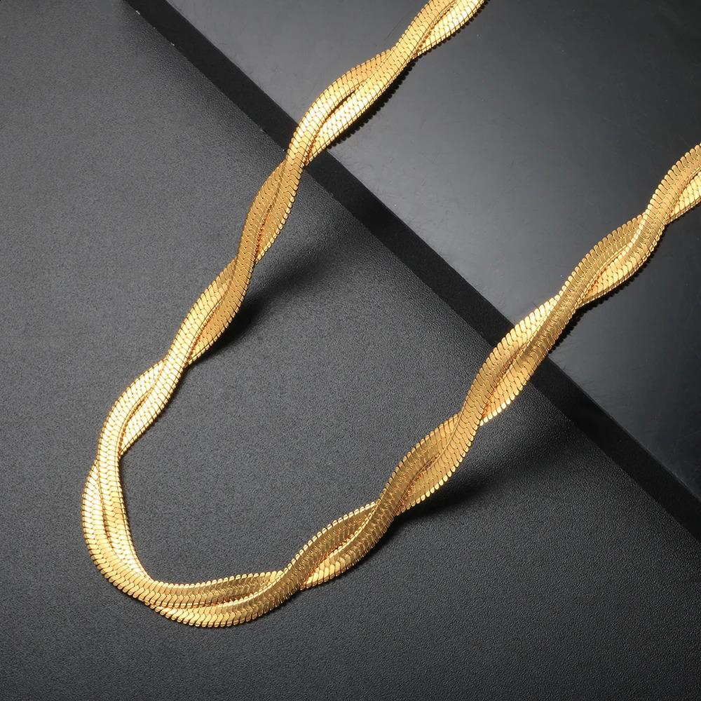 Dupla trançada cobra corrente espinha de peixe colar pulseiras conjunto para mulheres aço inoxidável à prova d18 água 18 k banhado a ouro jóias 240125