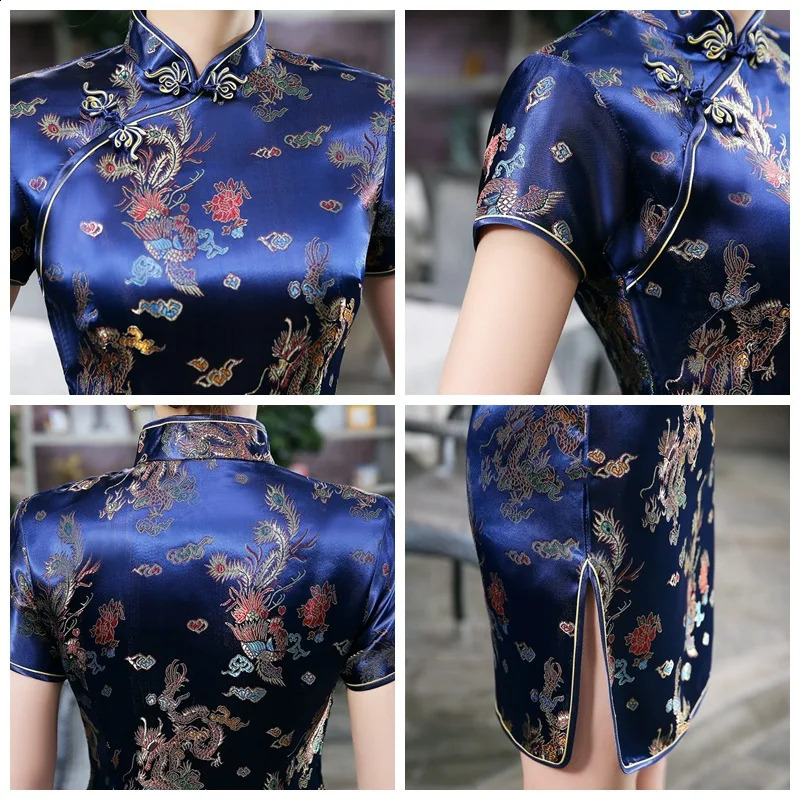 Cheongsam klänning kort ärm qipao elegant kvinnas sommar drake phoenix klänningar smala överdimensionerade 6xl 240131