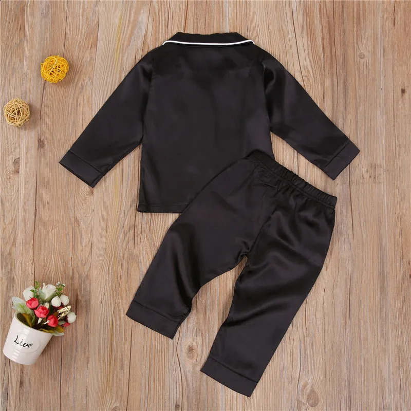 Baby Boy Black Satin Silk Pajama Sets Sleepwear Long Sleeve Top Pants 1-7Y Toddler Kids Children Summer Fall Casual Nightshirt 240123