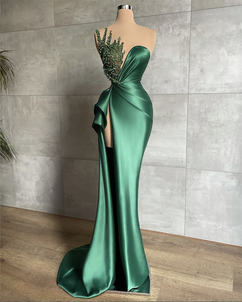 Green Mermaid Evening Dresses Beads Collar Party Prom Dress Pleats Split Formal Long Red Carpet Dress for special occasion