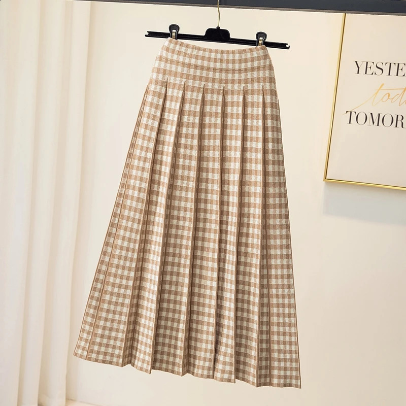 TIGENA теплая вязаная длинная юбка миди для женщин осень-зима винтажная клетчатая трапециевидная юбка средней длины с высокой талией плиссированная женская юбка средней длины 240201