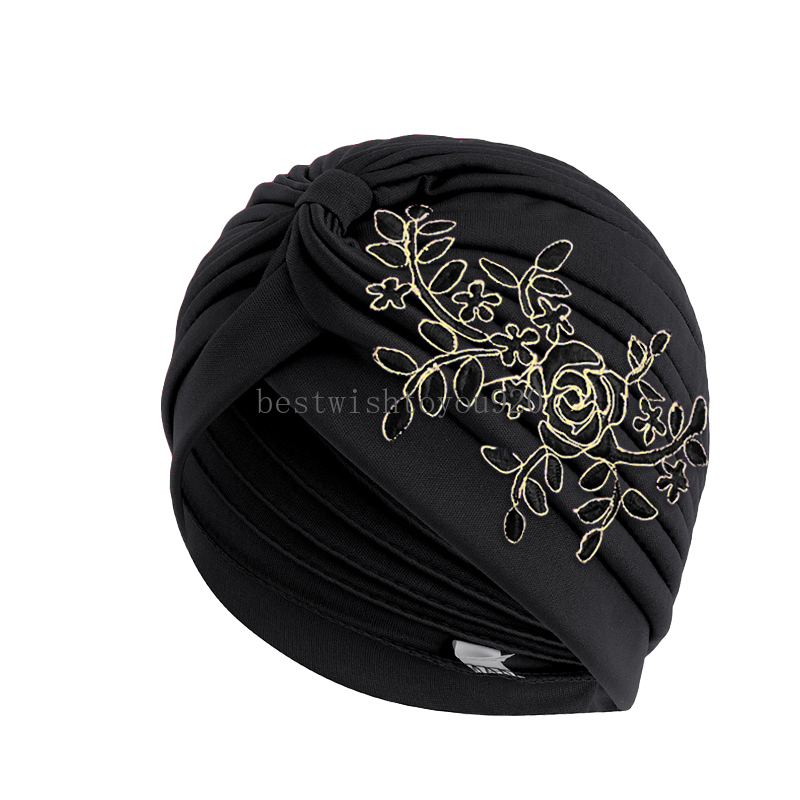 Nya kvinnors paljettblomma dekoration turban afrikansk huvudmuslimsk huvud wrap bonnet damer huvudkläder cancer hattar india cap bandana