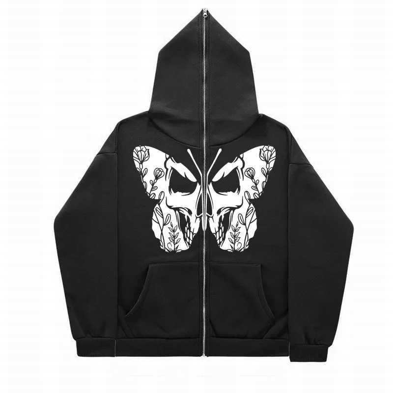 Erkek Hoodies Sweatshirts Gothic Ins Butterfly Wings Y2K Tam Yüz Zip Up Kadın Hoodies Sweatshirt UNISEX Büyük Boyutlu Harajuk High Street Giyim Üstleri T240217