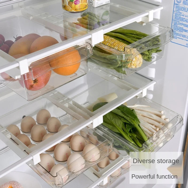 Organisateur de réfrigérateur en plastique transparent, coulissant sous étagère, boîte à tiroirs, support de réfrigérateur, cuisine, stockage des fruits et des aliments 240223