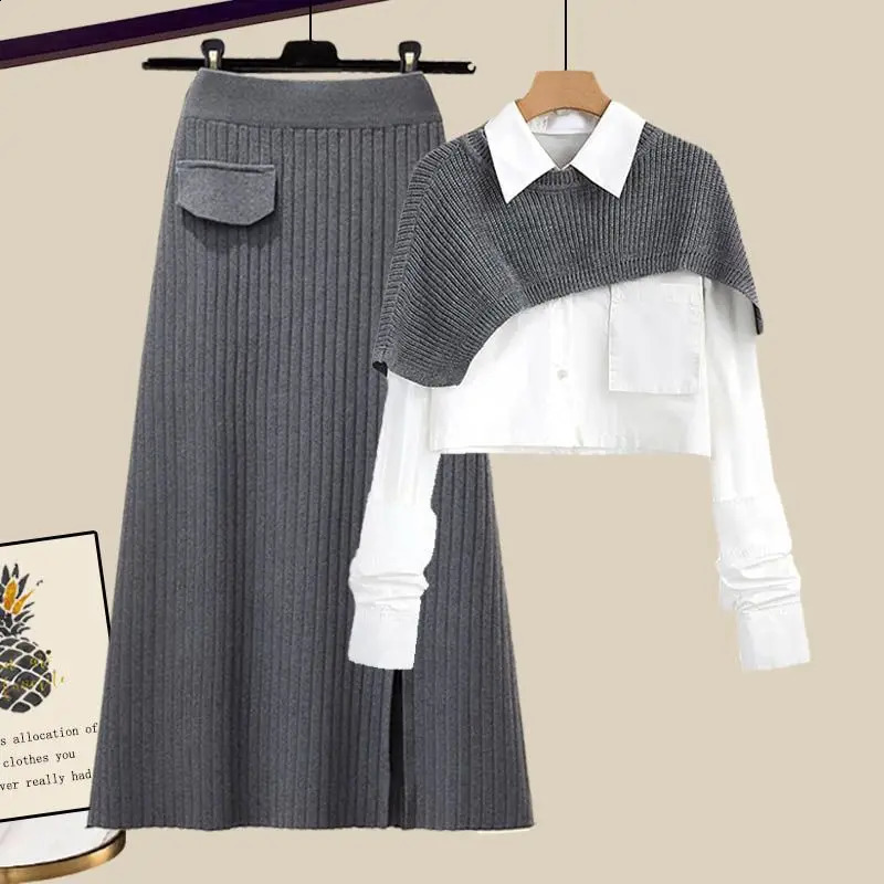 Herbstkleid-Set für Damen, locker gestrickter Schal + langärmeliges Hemd + dreiteiliges Set aus Strick mit halben Ärmeln und hoher Taille, koreanische Mode 240217