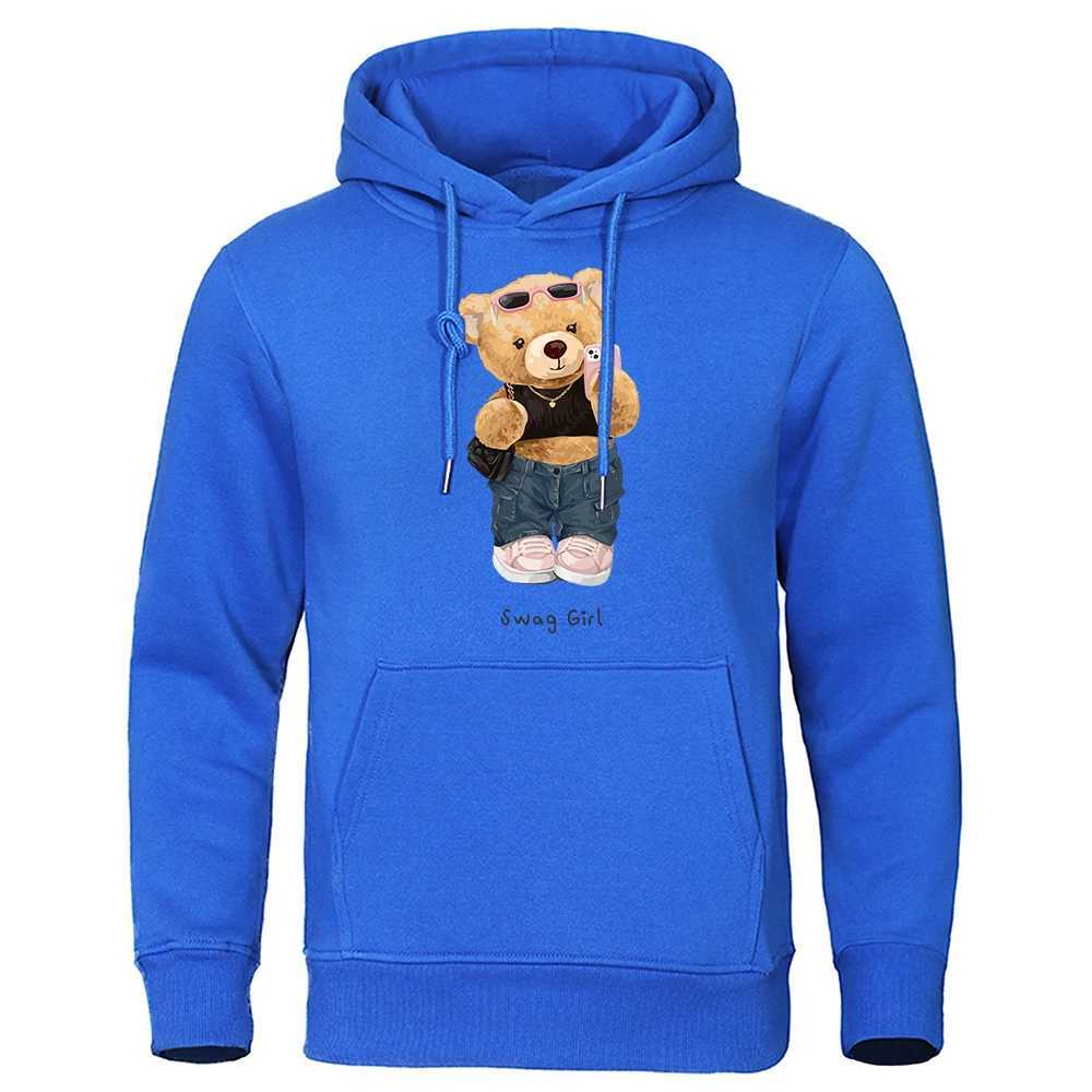 Men's Hoodies Sweatshirts Street Teddy Bear Selfie Swag Girl Print Hoodies Men Anime Loose Streetwear Harajuku Loose Hoody Autumn Casual Pocket Pullover T240217