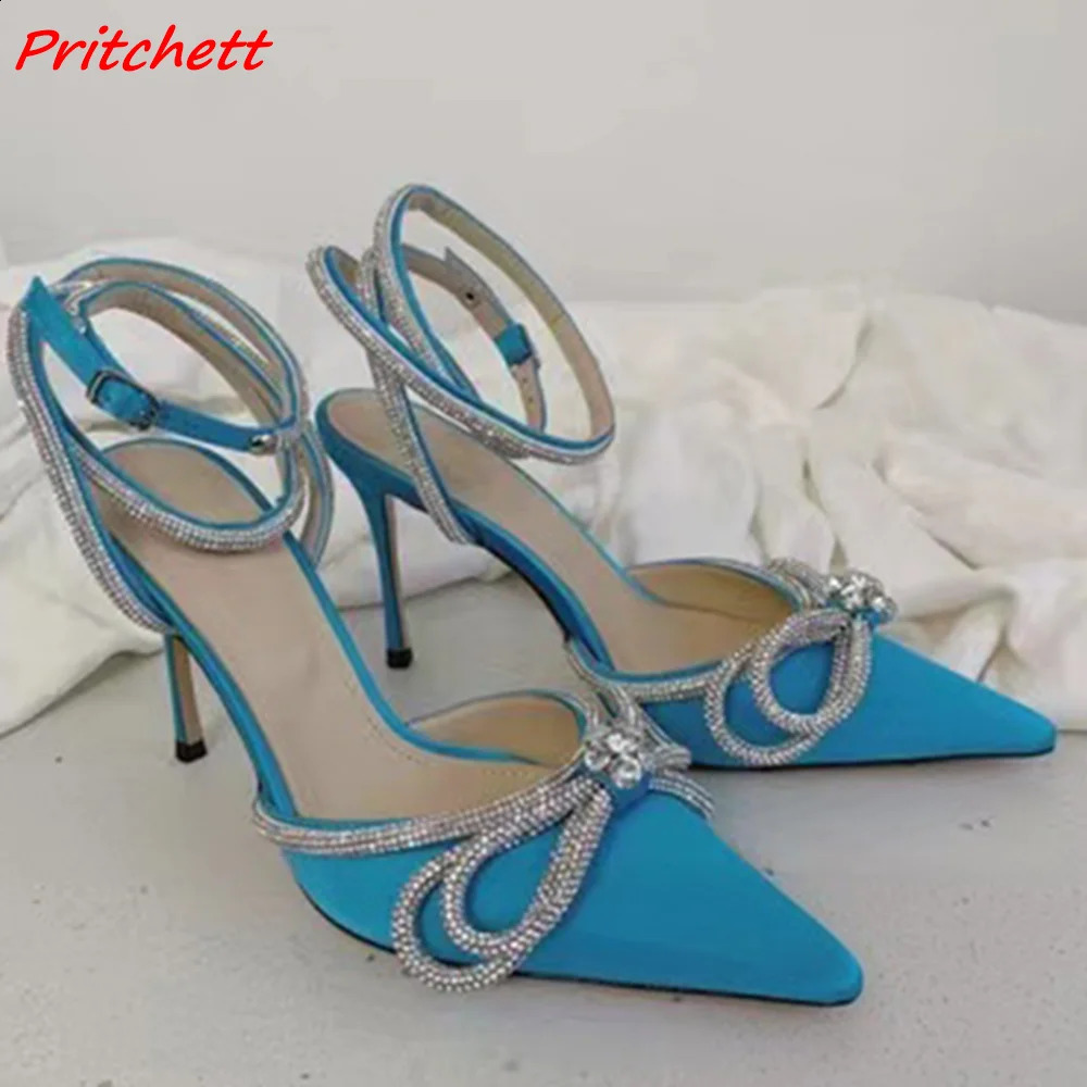 Shiny Butterfly Knot Women Pumps Rhinestone Pointed Toe Slingback Ankle Strap Stiletto Heels est Party Wedding Fashion Pumps 240125