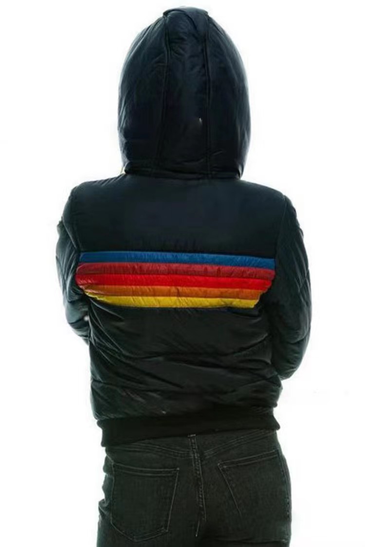 Damen-Daunenparkas, modisch, für Damen und Mädchen, Regenbogenstreifen, Reißverschluss, mit Kapuze, baumwollgepolsterte Kleidung, koreanische Version, Vintage, schlanke Oberbekleidung, Übergröße XS-3XL