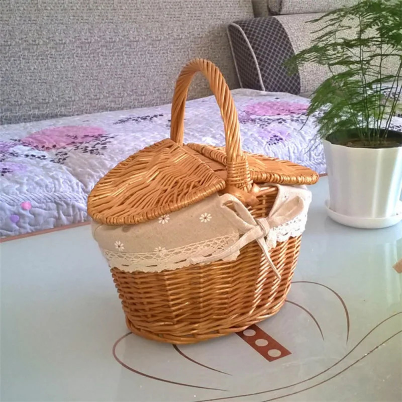 Wicker Basket with Handle DoubleLid Camping Picnic Handmade Weaving Storage Hamper Outdoor Fruit Holder 240223