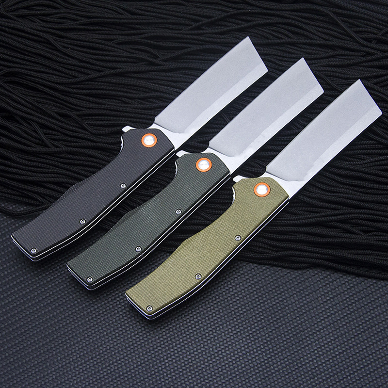 R7101 Flipper Folding Knife D2 Stone Wash Tanto Point Blade Flax Fiber with Stainless Steel Sheet Handle Ball Bearing Fast Open EDC Pocket Knives