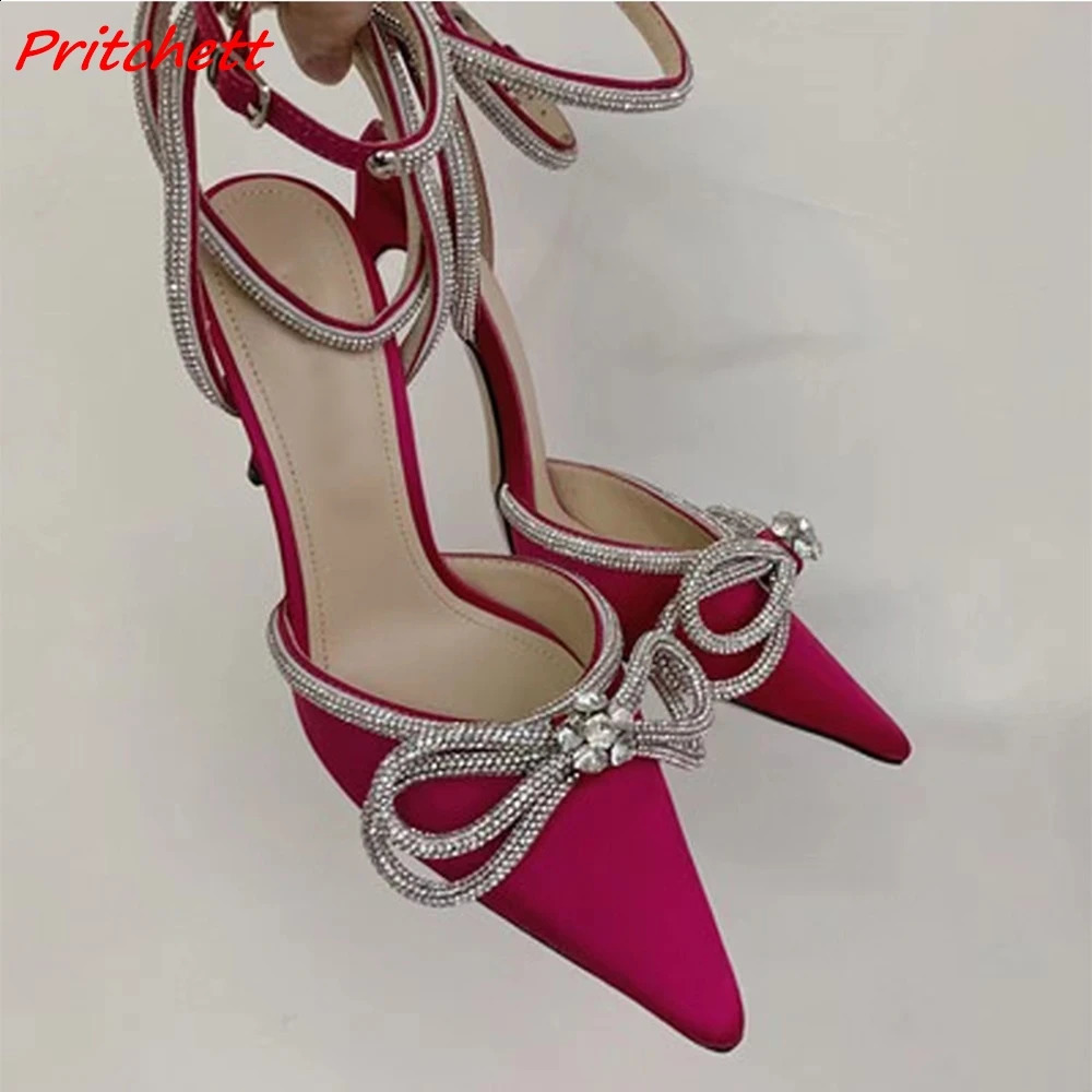 Shiny Butterfly Knot Women Pumps Rhinestone Pointed Toe Slingback Ankle Strap Stiletto Heels est Party Wedding Fashion Pumps 240125