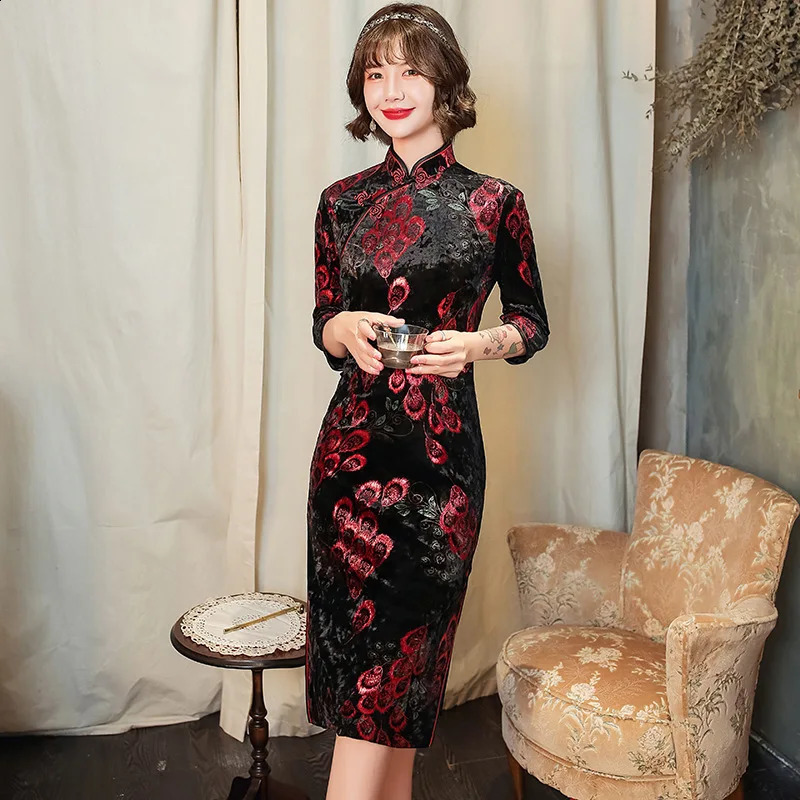 Autumn Winter Cheongsam Stand Collar Fashion Velvet Dress Kinesiska traditionella klänningar Qipao 240131