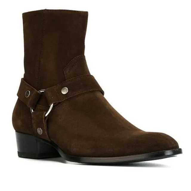 Botas masculinas de couro camurça marrom/preto, correntes com fivela, salto empilhado, zíper lateral, botas da moda masculinas