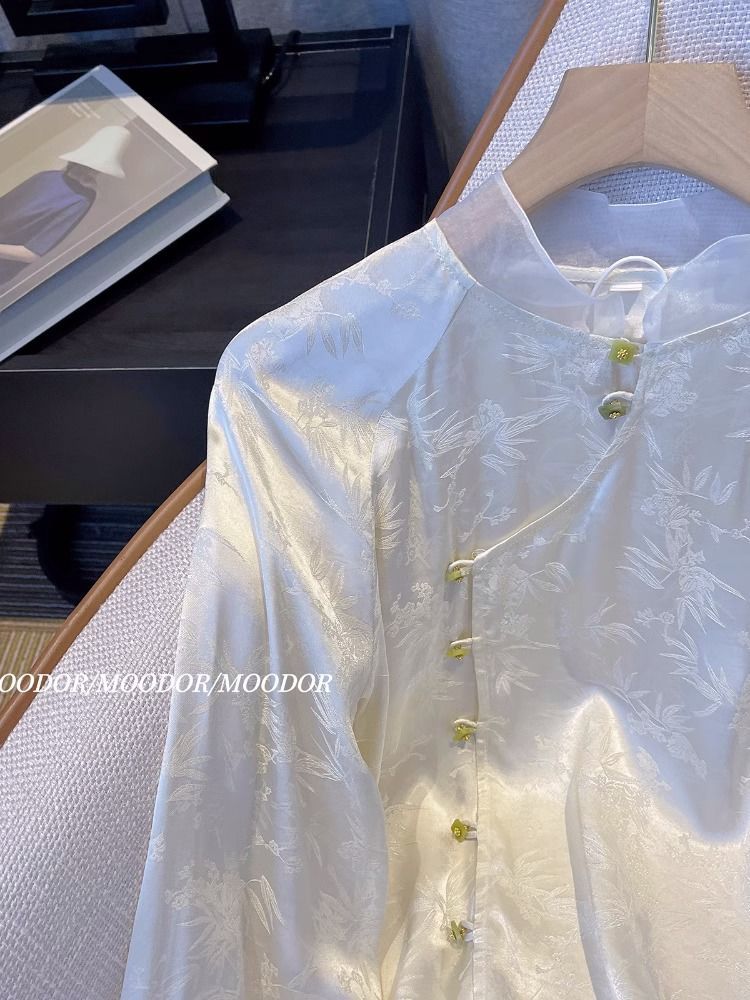 Nowy chiński sztuczny jedwabny jedwabny Jacquard White Shirt Kobiet niszowy Tang Costume Nation