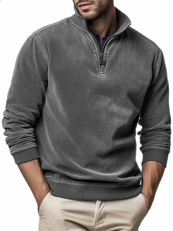 Automne hiver hommes polaire pull col montant demi fermeture éclair hauts à manches longues sweat mâle couleur unie sweats à capuche 240202