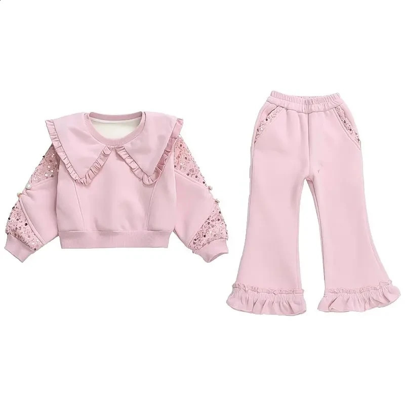 2024 Spring Girls Long sleeved Top and Boots Cut Pants Set for Preschool and Children 2-piece Clothing Baby Cute Set Sequins 3 4 5 6 240218