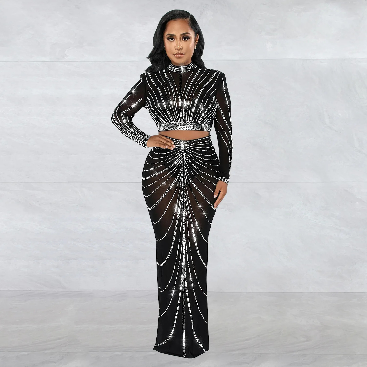 Lång ärm Mesh Maxi Bodycon Elegant Party Sparkly Rhinestone For Birthday Dress Sexig Club Tvådelar Set Womens Outifits 240202