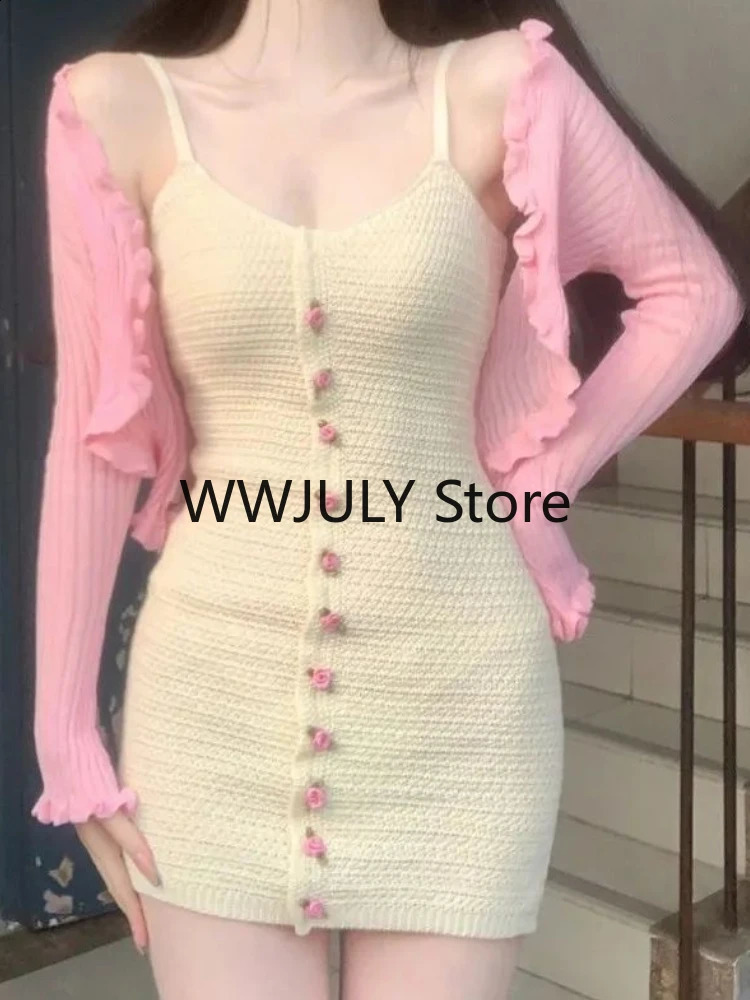 Autumn Korea Fashion Suit Sweet Slim Set Skirt Pink Short Sweater Cardigan Bodycon Sexy Strap Mini Dress Party Chic 240202