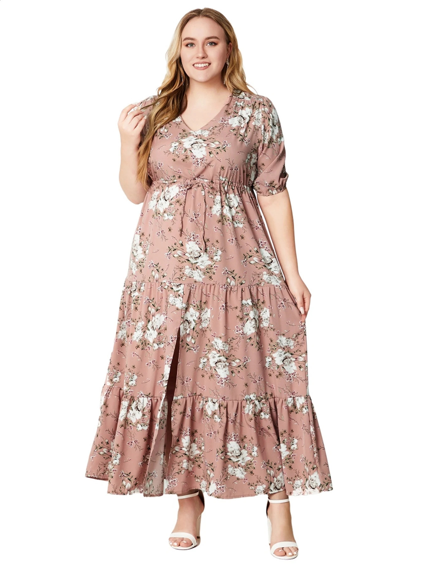 Plus Size Floral Print Half Sleeve Split Hem Maxi V Neck Long Dresses For Women 240130