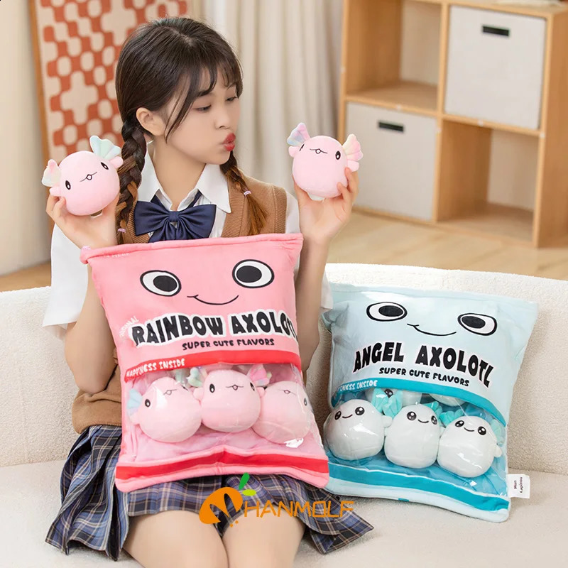 Zes ballen roze blauw Axolotl tas Cartoon t dier Squishy mini-poppen pluche kussen kantoor dutje voedsel snack Plushie Peluche cadeau 240122