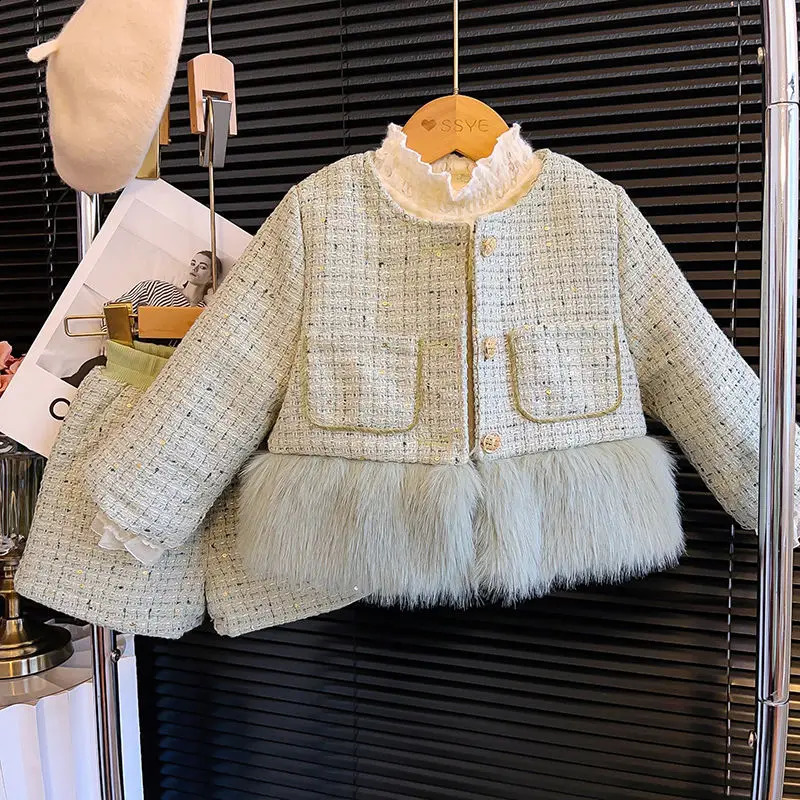 Fille princesse vêtements ensemble automne épais bébé enfants manteau haut + cuir peluche T-shirt fille ensemble 2-7Y vêtements pour enfants 240218