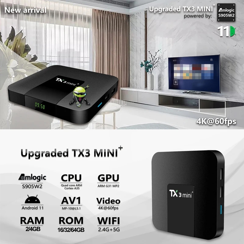 TX3 Mini + TV Box Android 11.0 AmLogic S905W2 4GB 32GB Doppio Wifi 2.4G 5G BT 4.Top Box