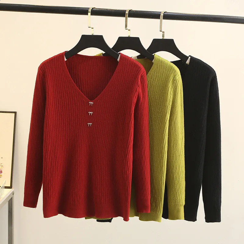 V-Neck Small Bow Decorate Sweater Womens Plus Size Autumn Winter Casual Clothing Long Sleeve Jumpers Knitted Pullovers F51 839 240202