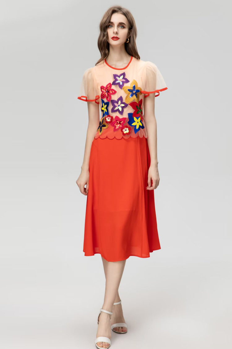 Women's Runway Dresses O Neck Short Sleeves Embroidery Sequined Patchwork Elegant Fashion Designer Mid Vestidos
