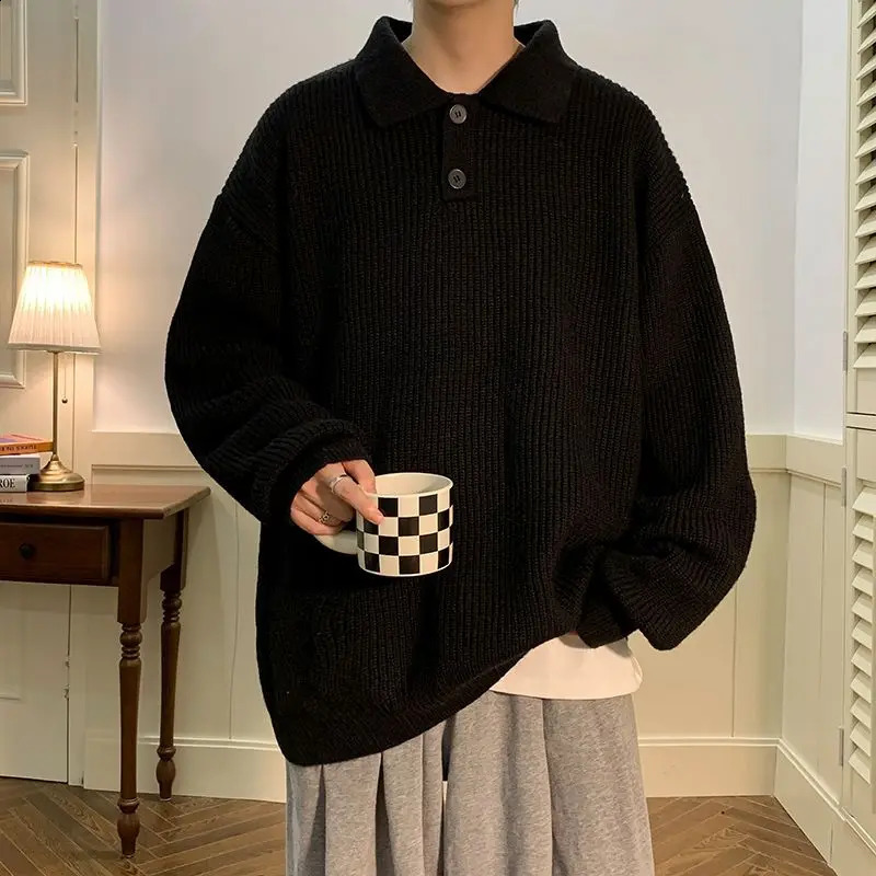 Maglione con colletto polo stile giapponese pigro da uomo retrò caffè maglione lavorato a maglia oversize da uomo casual maglione High Street abbigliamento uomo 240124