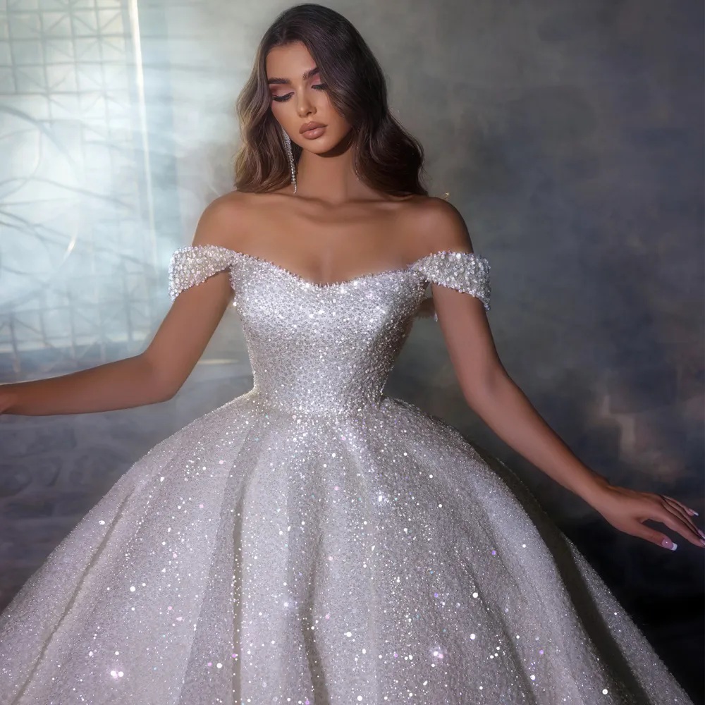 Off Shoulder Sequined Ball Gown Wedding Dress Pleat Puffy Skirt Bridal Gown Sparkly Princess Arabic Dubai Vestido De Mairage