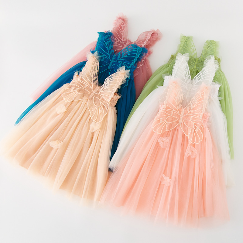 Barnprinsessan kjol mesh klänning halter liten klänning pompadour klänning tredimensionell vingar sagan klänning