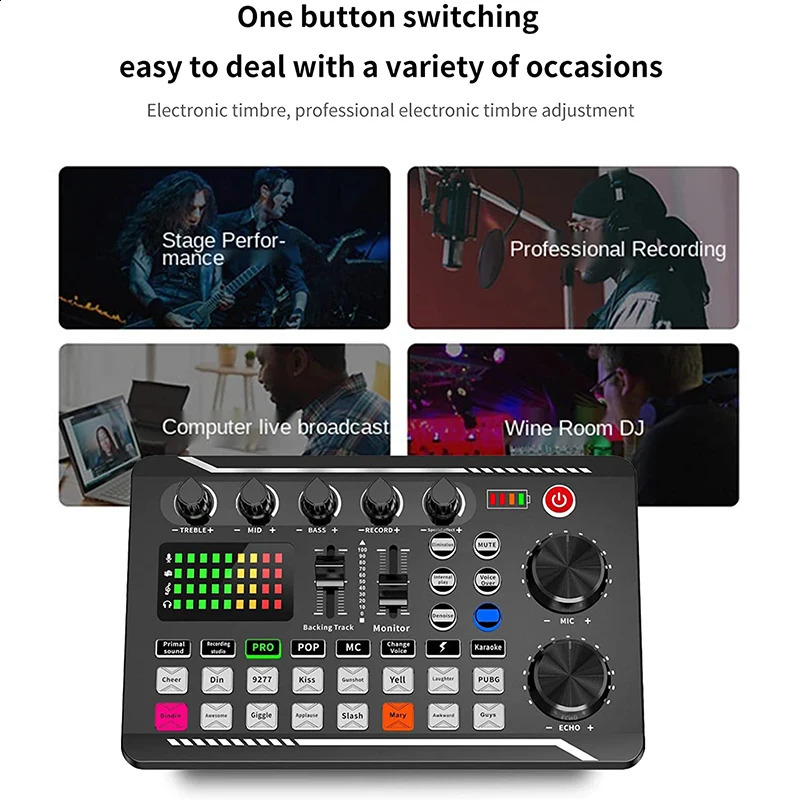 Carte son en direct et interface audio avec effets de mixage DJ et changeur de voixMélangeur audio stéréo Bluetooth pour le streaming 240119