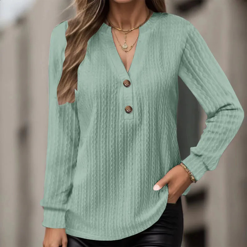 السيدات الخريف والشتاء Longsleeved Solid Vneck زر Tshirt أعلى عرضية قميص النساء اليومي الأنيق اليومي 2023 240118