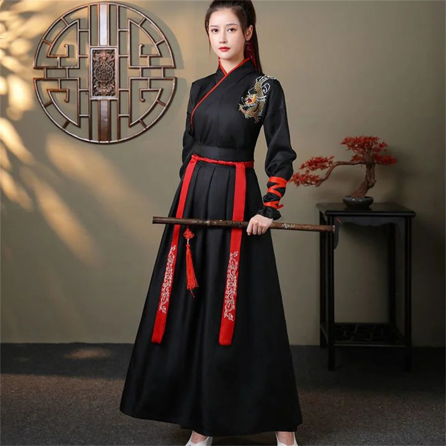 Chinese Dress Ancient Hanfu Kimono Black White Red hanfu Dresses Embroidery Martial Arts Chinese Style Dance Cosplay Costumes 240130