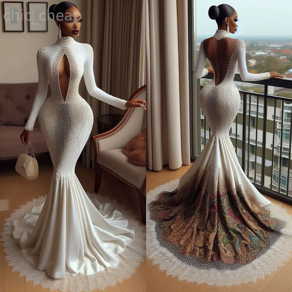 2024 Aso Ebi White Mermaid Prom Dress Printed Sequined Lace Evening Formal Party Second Reception Birthday Engagement Gowns Dresses Robe De Soiree ZJ230