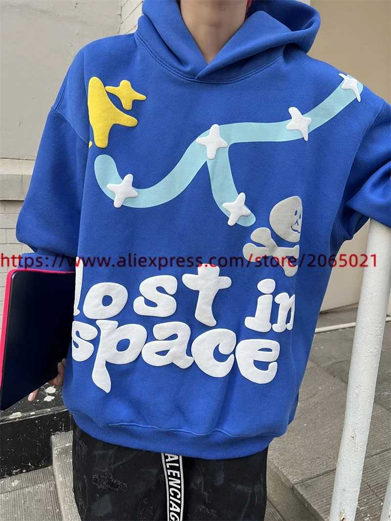 Felpe con cappuccio da uomo Felpe di buona qualità Blu Lost in Space BROKEN PLANET Moda Felpa con cappuccio da uomo Puff Print Donna Casual Pullover con cappuccio T240217