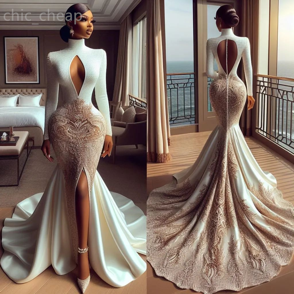 2024 Aso Ebi White Mermaid Prom Dress Printed Sequined Lace Evening Formal Party Second Reception Birthday Engagement Gowns Dresses Robe De Soiree ZJ230