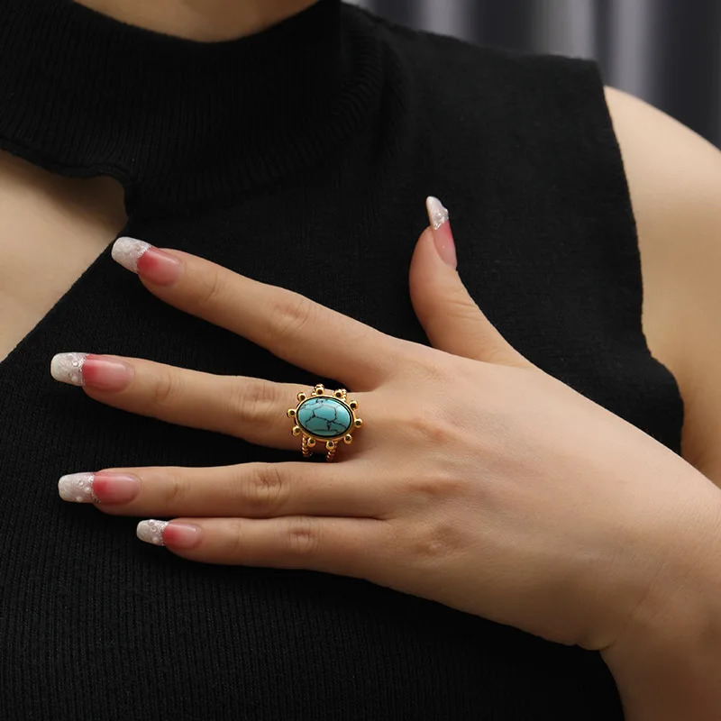 Moda forma ovale pietra preziosa anelli aperti misura regolabile semplice colore oro acciaio inossidabile gioielli sfusi donne ragazza bambino regalo 240125