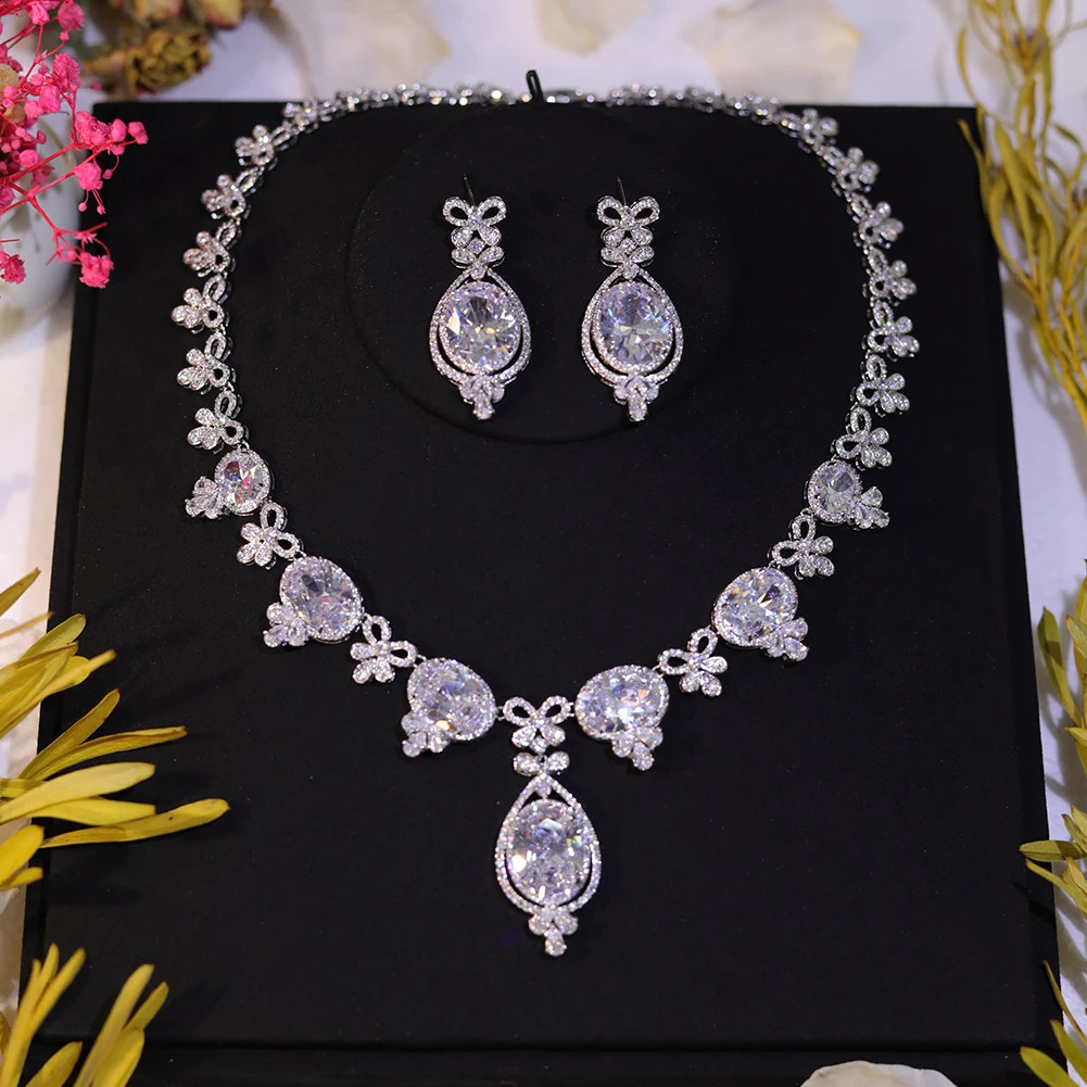 Роскошные комплекты ожерелья и серег из 2 предметов для женщин на свадьбу, большие капли воды, циркон, кристалл CZ, Дубай, свадебная вечеринка, Bijoux Femmel 240119