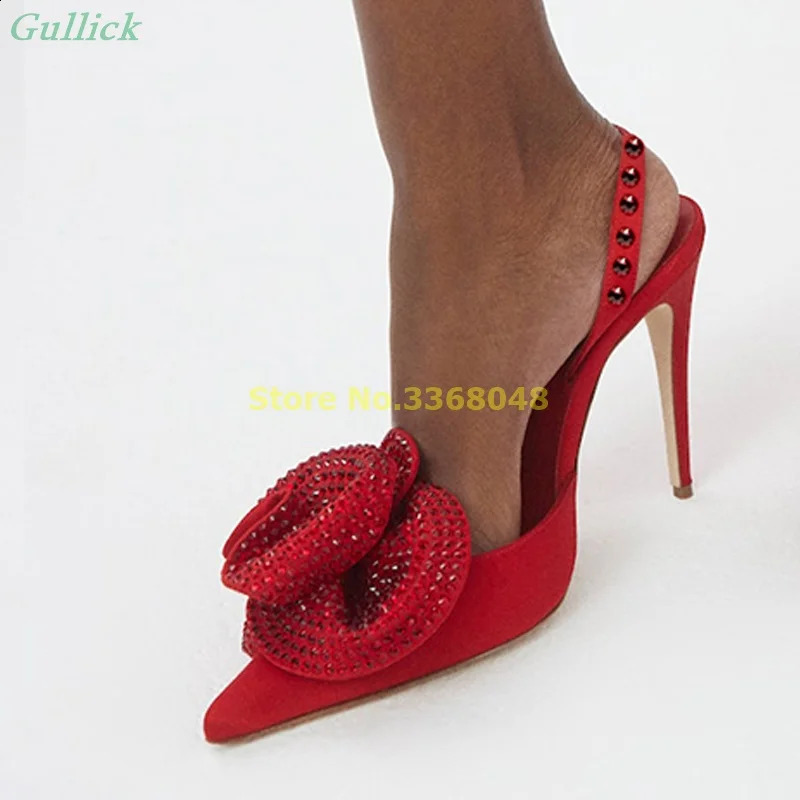 Tam kırmızı sivri ayak parmağı saplamalar pompalar parıltı çiçek sapanback stiletto topuklu süet arka kayış rinestone moda ayakkabıları 240129