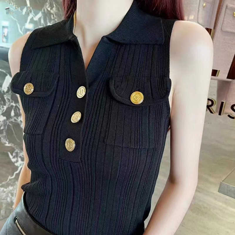 Women's Tanks & Camis designer brand 23 Summer New B Family Solid Stripe Double row Metal Button Pocket Lapel Sleeveless Knitted Versatile Tank Top for Women OMA5