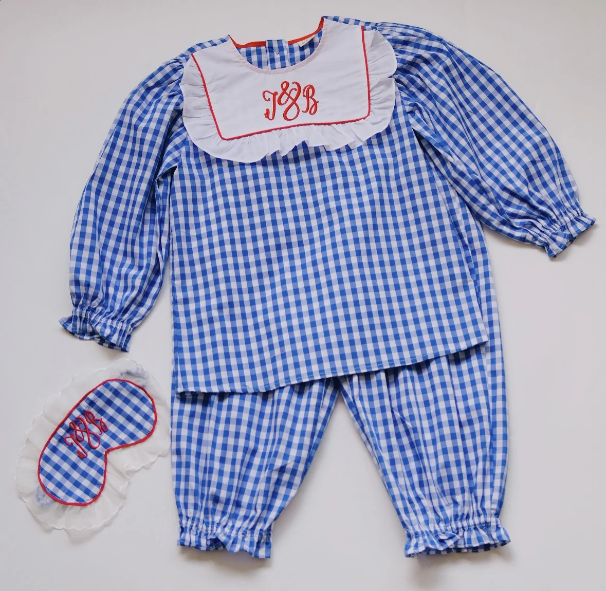 Vintage Unisex Kid Letters Geborduurde Pyjama Set Met Blinddoek. Peuter Meisje Jongen Geruite Nachtkleding Pyjama Set. Kinderkleding 240118